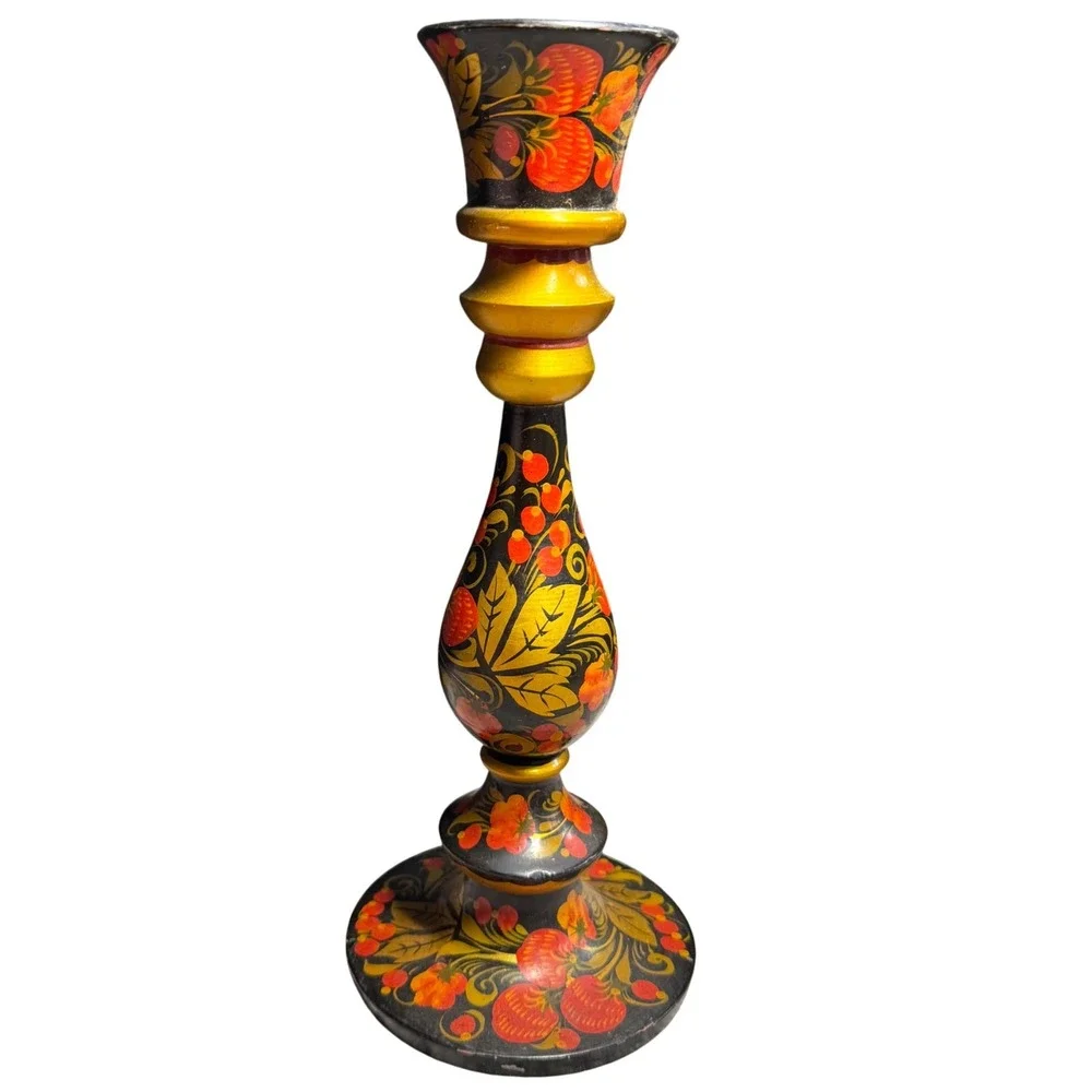 Vintage Russian Khokhloma Wood Candlestick Holder Hand Painted Floral Black Gold